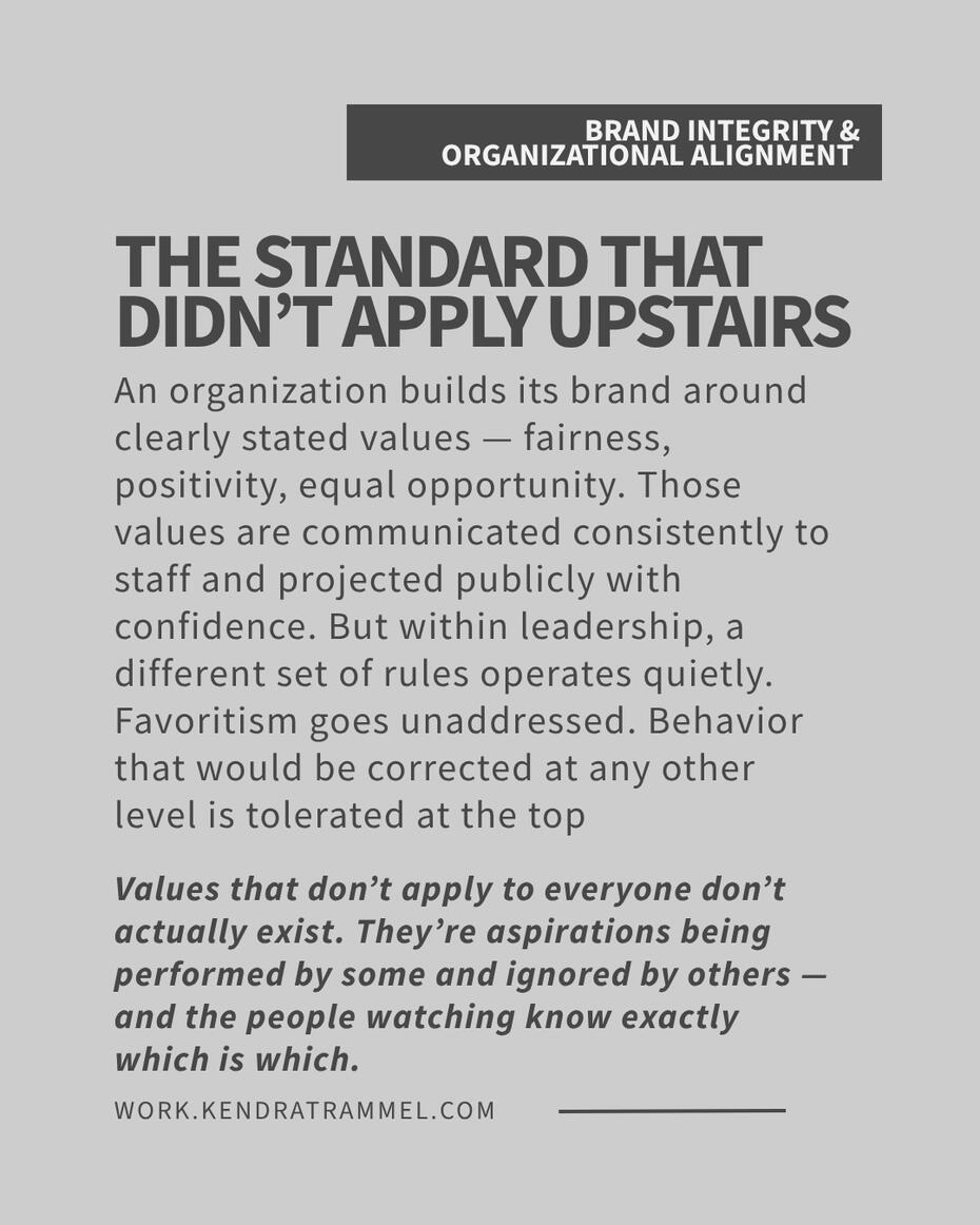 Kendra Trammel — brand integrity scenario: leadership exempting itself from the values it expects others to uphold