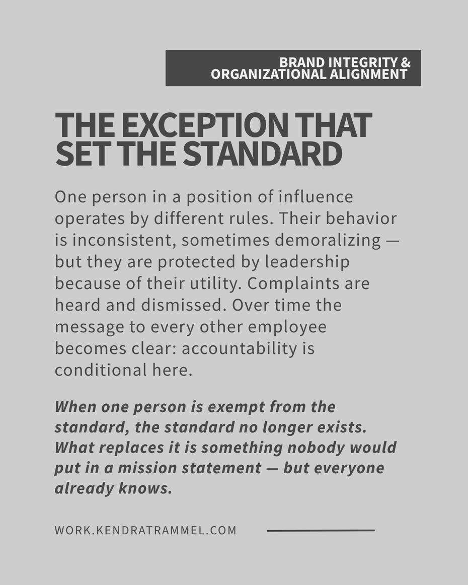 Kendra Trammel — brand integrity scenario: organizational accountability breakdown when one person operates by different rules