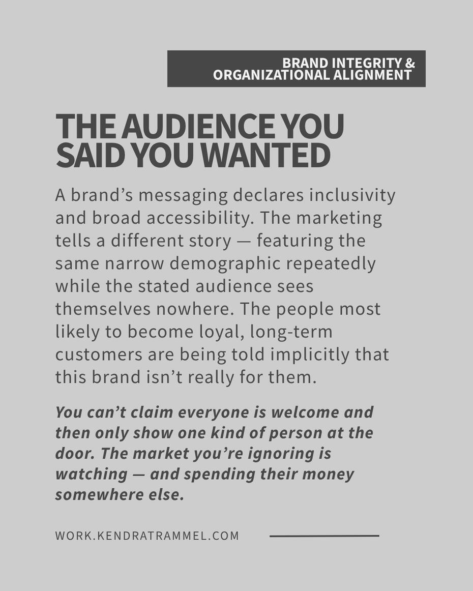 Kendra Trammel — brand integrity scenario: disconnect between inclusive brand messaging and exclusionary marketing