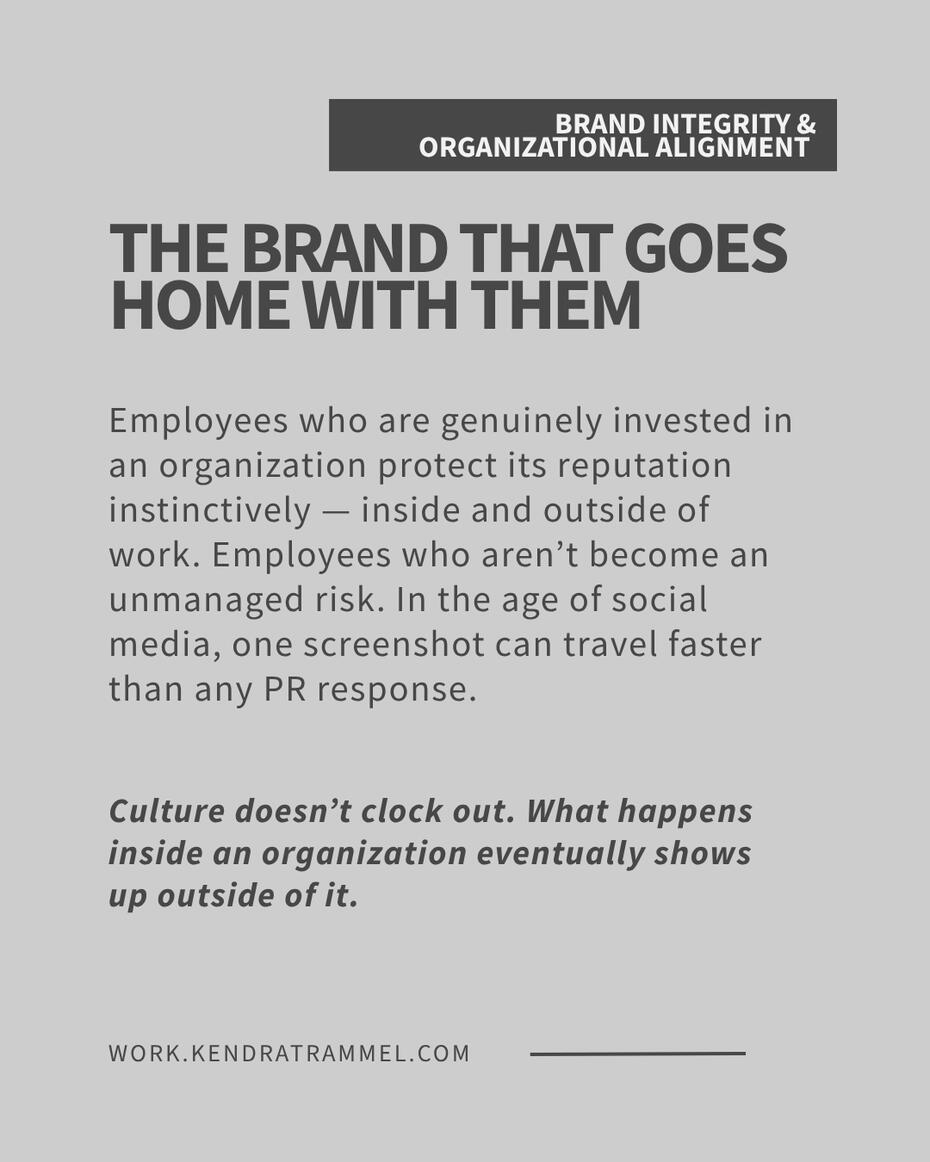 Kendra Trammel — brand integrity scenario: employee investment as internal brand protection and external reputational risk