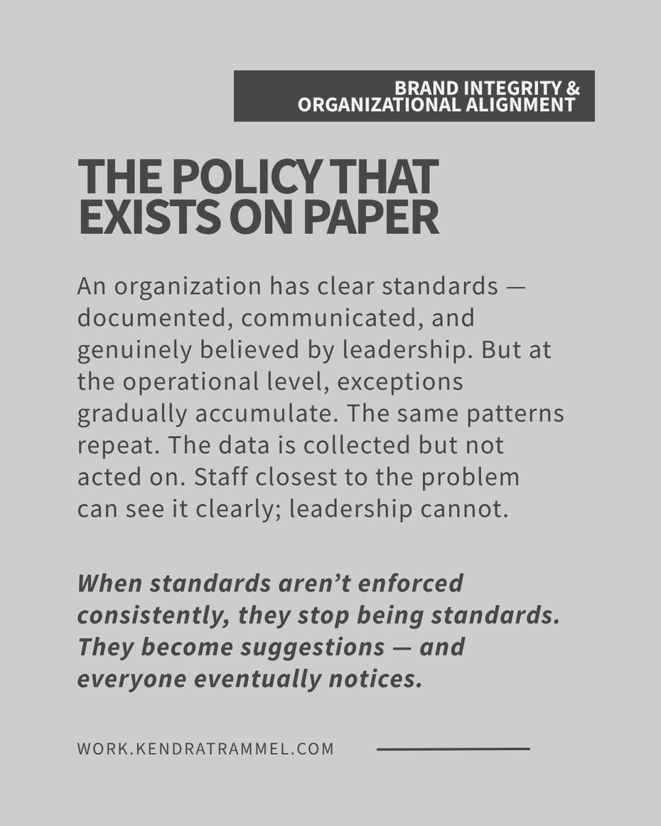 Kendra Trammel — brand integrity scenario: organizational standards that exist in policy but aren’t enforced in practice